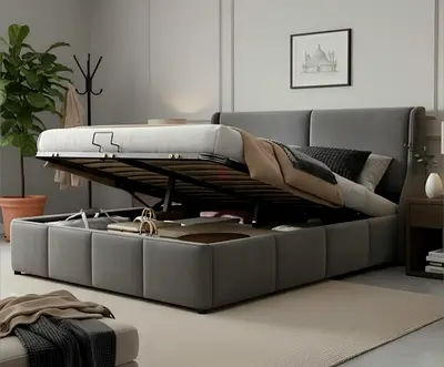 Gray upholstered fabric bed with hydraulic storage