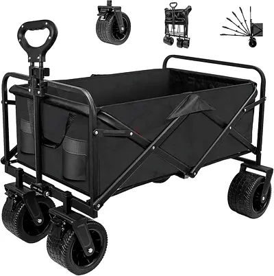 Foldable Utility Wagon/Beach Cart with All-Terrain Wheels - Black
