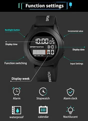 Black Digital Sport Watch — Stopwatch, Alarm, Waterproof