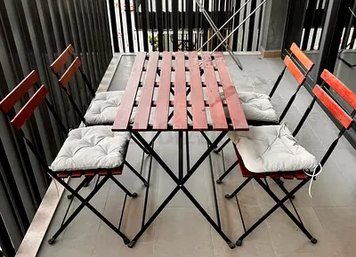 Wooden Slat Outdoor Bistro Set - Table + 4 Folding Chairs with Cushions