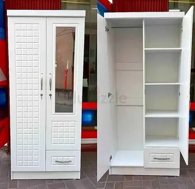 White 2-Door Wardrobe with Mirror and Shelves - Good Condition