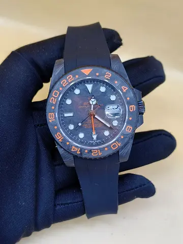 Rolex Carbon-look GMT-style Mens Master Copy Watch with Black Rubber Strap