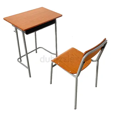 Single School Desk and Chair Set — Wooden Top with Metal Frame