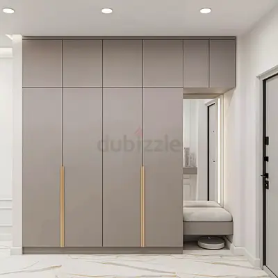 Built-in Modern Wardrobe with Integrated Bench and Overhead Storage