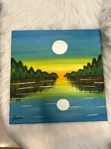 Hand-painted landscape acrylic on canvas — Double moons over lake