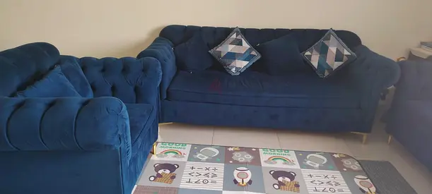Blue Velvet 3-Seater Sofa Set with Armchairs - Good Condition