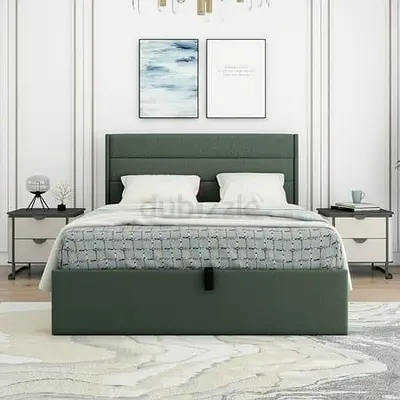 Green Upholstered Double Bed with Headboard and Underbed Storage