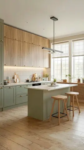 Modern kitchen island with stools and pendant light