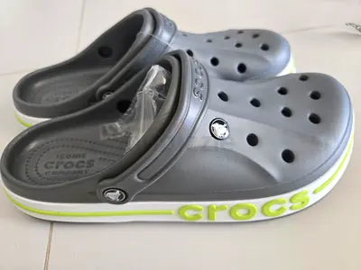 Grey Crocs clogs with lime accent NEW