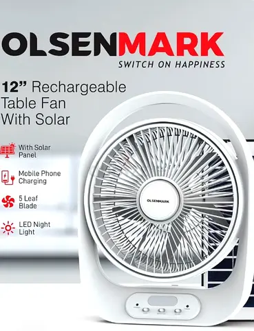 Olsenmark 12 Rechargeable Table Fan with Solar Panel - White