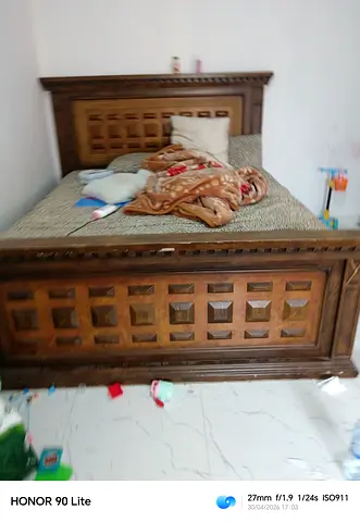 Solid Wooden Double Bed Frame with Headboard and Footboard - Rustic Carved Design