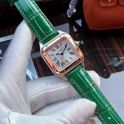Cartier-style square dial ladies Master Copy watch with green leather strap,33mm