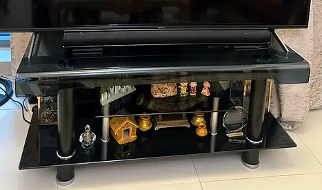 Black Glass TV Stand with Shelves — Good Condition