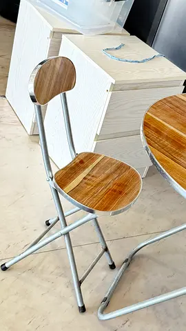 Compact folding bistro table and 2 matching stools - wood top, metal frame