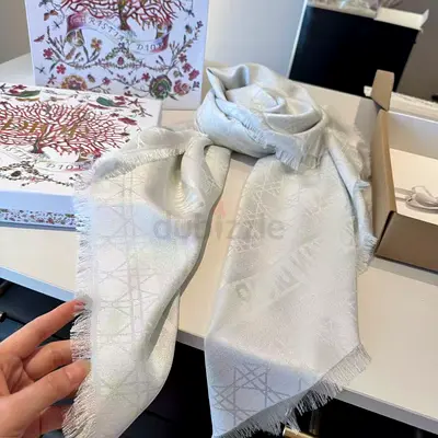 Dior Light Silver Designer Silk Blend Scarf with Subtle Monogram (Excellent Condition)