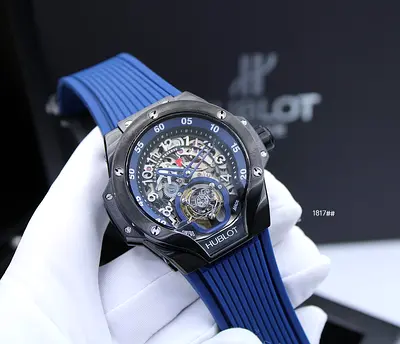 Hublot style skeleton tourbillon Master Copy watch with blue rubber strap