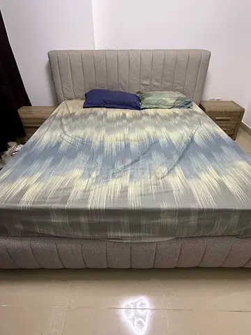 Upholstered Double Bed with 2 Headboard and Mattress - Light Grey