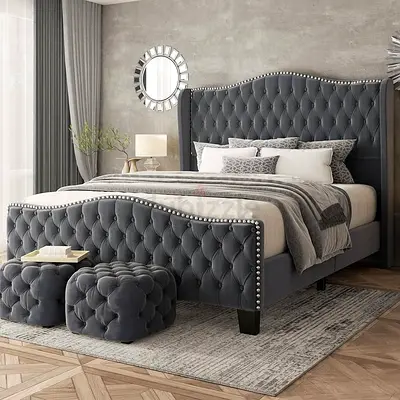 Nailhead trim queen velvet bed with 2 storage boxes