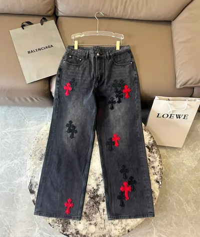 Chrome hearts Black Wide-Leg Jeans with Red  Black Cross Embroidery -