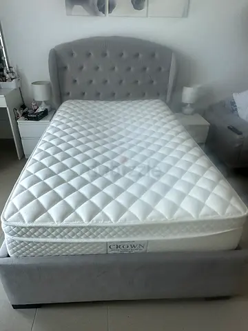 Queen bed frame with mattress (grey upholstered headboard)