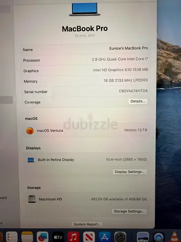 2017 15-inch MacBook Pro (Intel Core i7, 16GB RAM, 512GB) - Good Condition