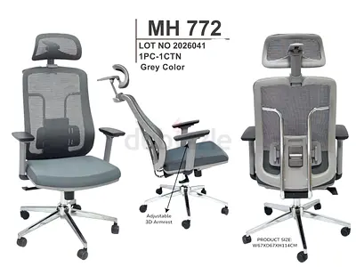 Ergonomic Grey Mesh Office Chair with Headrest  Adjustable 3D Armrests
