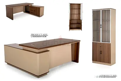 Executive L-Shaped Office Desk with Storage Cabinet - Walnut Finish
