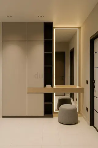 Modern hallway wardrobe with built-in mirror and floating console
