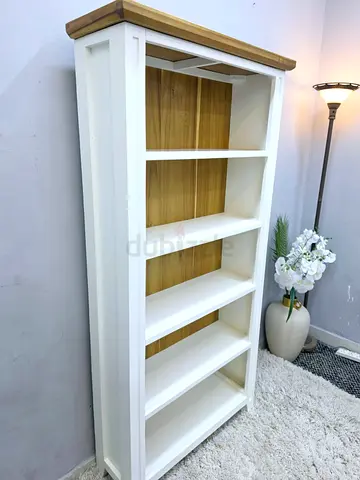White Wooden Tall Bookcase with Oak Top - 5 Shelves
