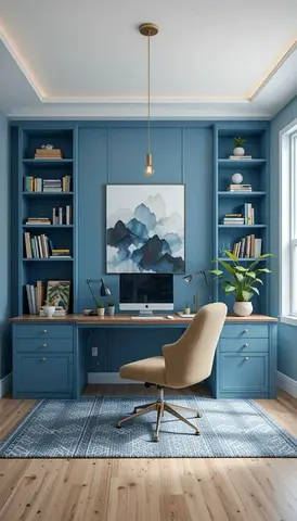 Blue Built-in Home Office Desk with Shelving and Rug