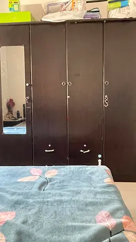Dark Wood 4-Door Wardrobe with Mirror — Good Condition