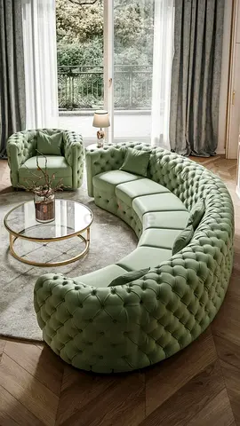 Curved Green Velvet Chesterfield Sofa - Semi-Circular Designer Lounge