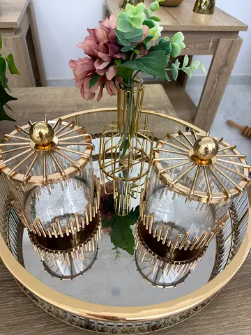Gold Decorative Tray Set with Glass Candle Holders and Faux Flowers