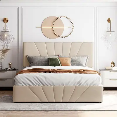 Modern Design Beige Upholstered Double Bed