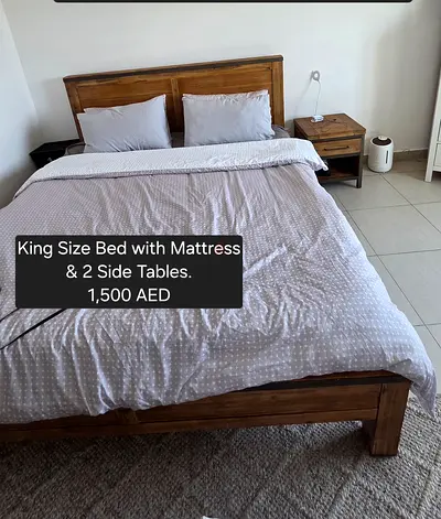 King Size Wooden Bed Frame with Mattress + 2 Side Tables