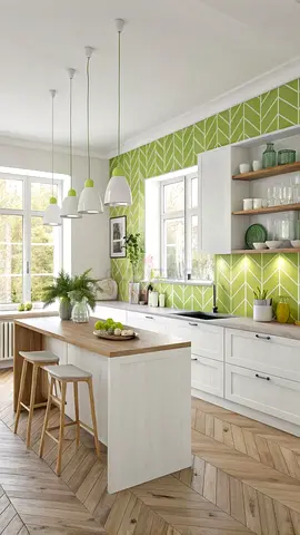 Modern white kitchen with island and green accent wall - complete setup