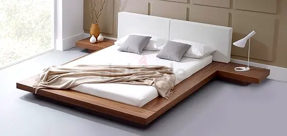 Modern Low-Profile Platform Bed with Integrated Side Tables (Wood  White Upholstery)