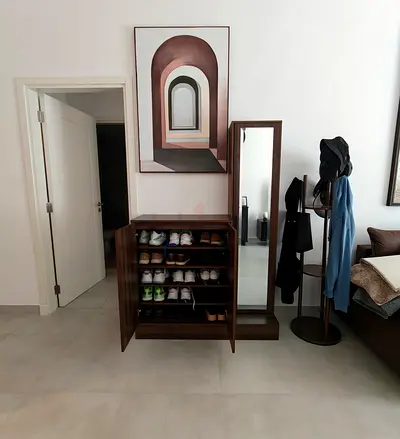 Dark Wood Shoe Cabinet with Full-Length Mirror and Coat Stand