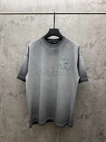Chrome Hearts Grey Washed Short Sleeve Cotton T-Shirt with Embroidered Chest Patch