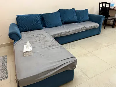 Blue L-shaped Fabric Sofa with Chaise - Good Condition