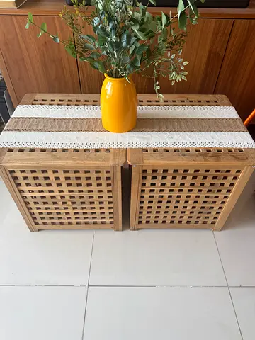 Solid Wood Lattice Side/Coffee Table - Natural Finish with Storage