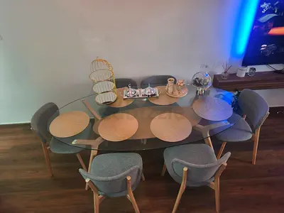 Glass Top Dining Table with 6 Grey Fabric Chairs - Modern Set