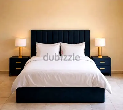Brand New Dark black Upholstered Bed Frame with Headboard (Queen) and Nightstand