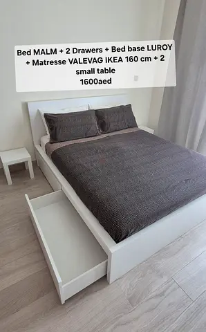 Bed MALM + 2 Drawers + Bed base LUROY + Matresse VALEVAG 160cm IKEA + 2 small table