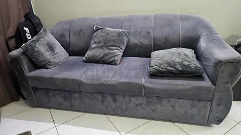 Gray 3-Seater Velvet Sofa with Cushions - Good Condition. Small Table Glass