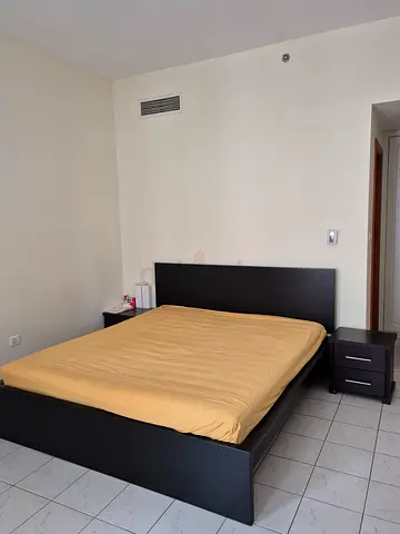 Super King Sized Ikea black wooden bed frame with mattress (good condition) and side tables