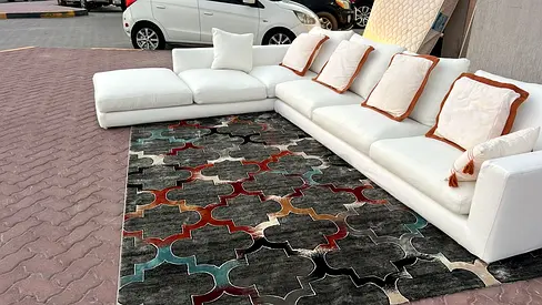 Minotti L Shape Sofa Beige Modern Dark Geometric Rug - Used, Good Condition