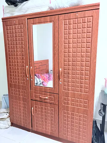 Wooden 3-Door Wardrobe with Mirror - Good Condition
