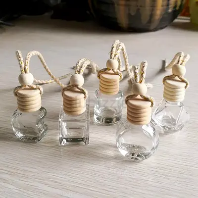 Set of 5 Empty Hanging Glass Perfume Bottles with Wooden Caps - Brand New