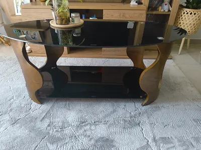 Glass Top Coffee Table with Curved Wood Legs